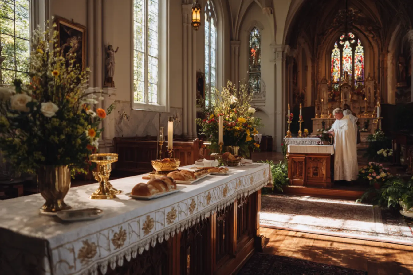 Toalha de altar decorada com pureza e beleza