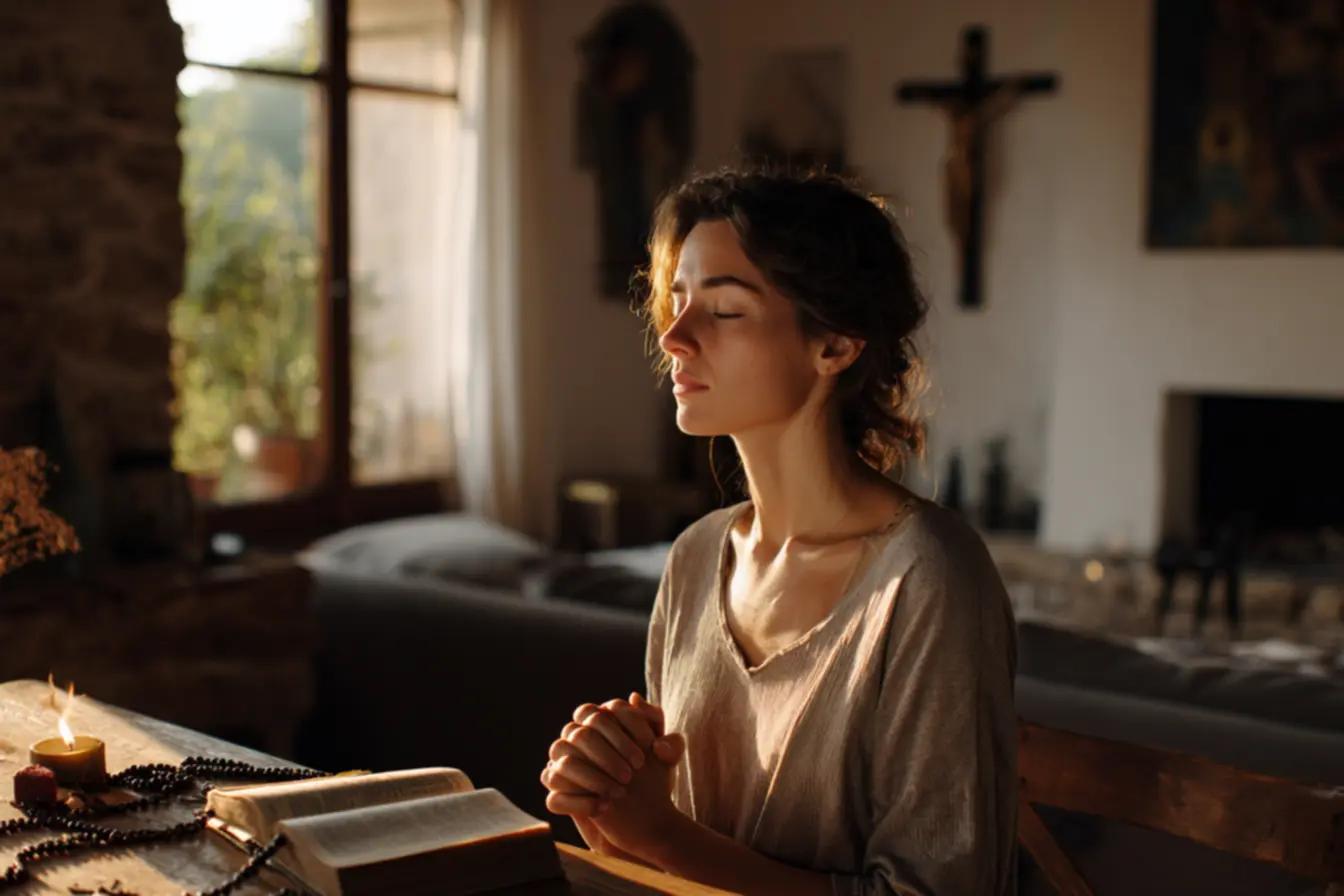 Grupo rezando com louvores católicos em comunidade