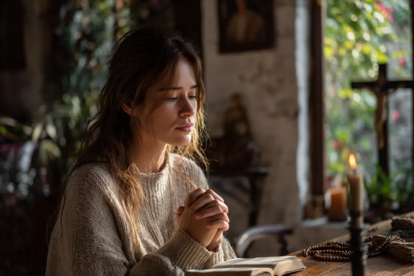 Família reunida em casa cantando louvores católicos