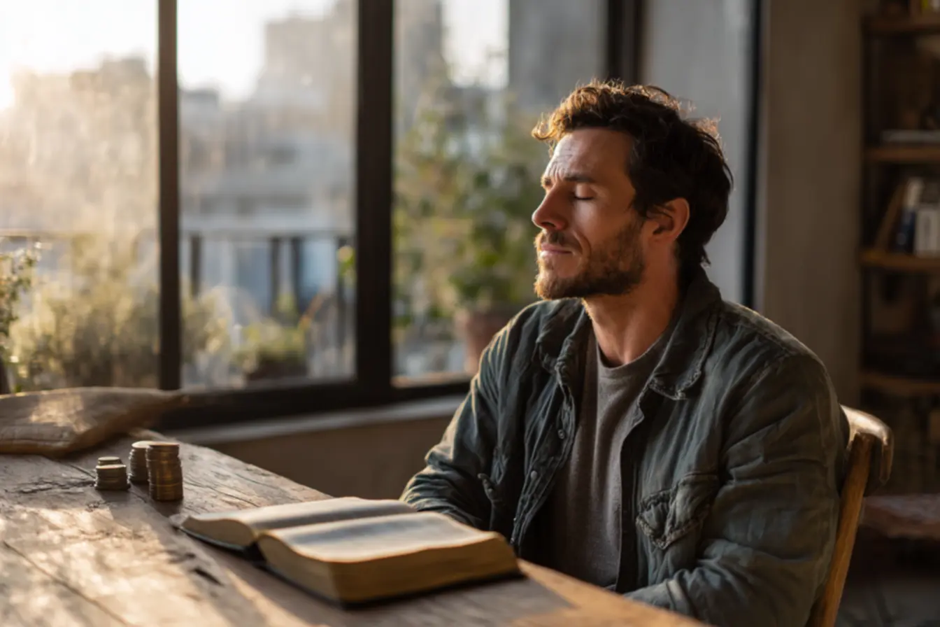 Mulher refletindo em oração sobre o que a bíblia diz sobre trabalho e dinheiro