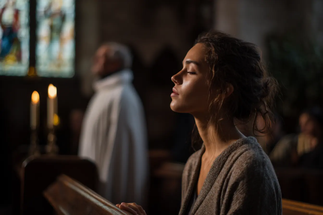 Mulher se perguntando o que falar na confissão católica diante do confessionário