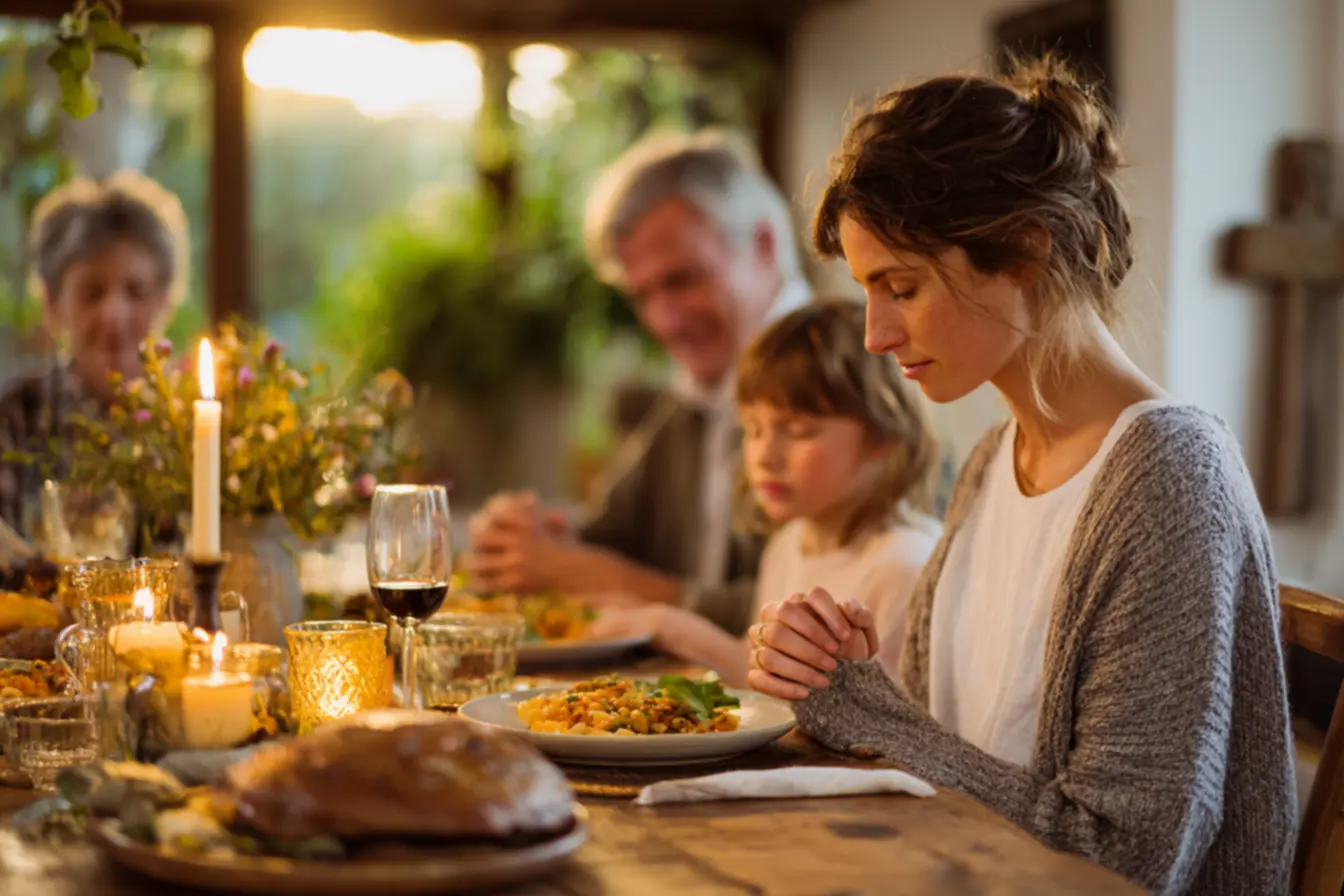 Pessoa em atitude de oração para antes da refeição católica com prato servido