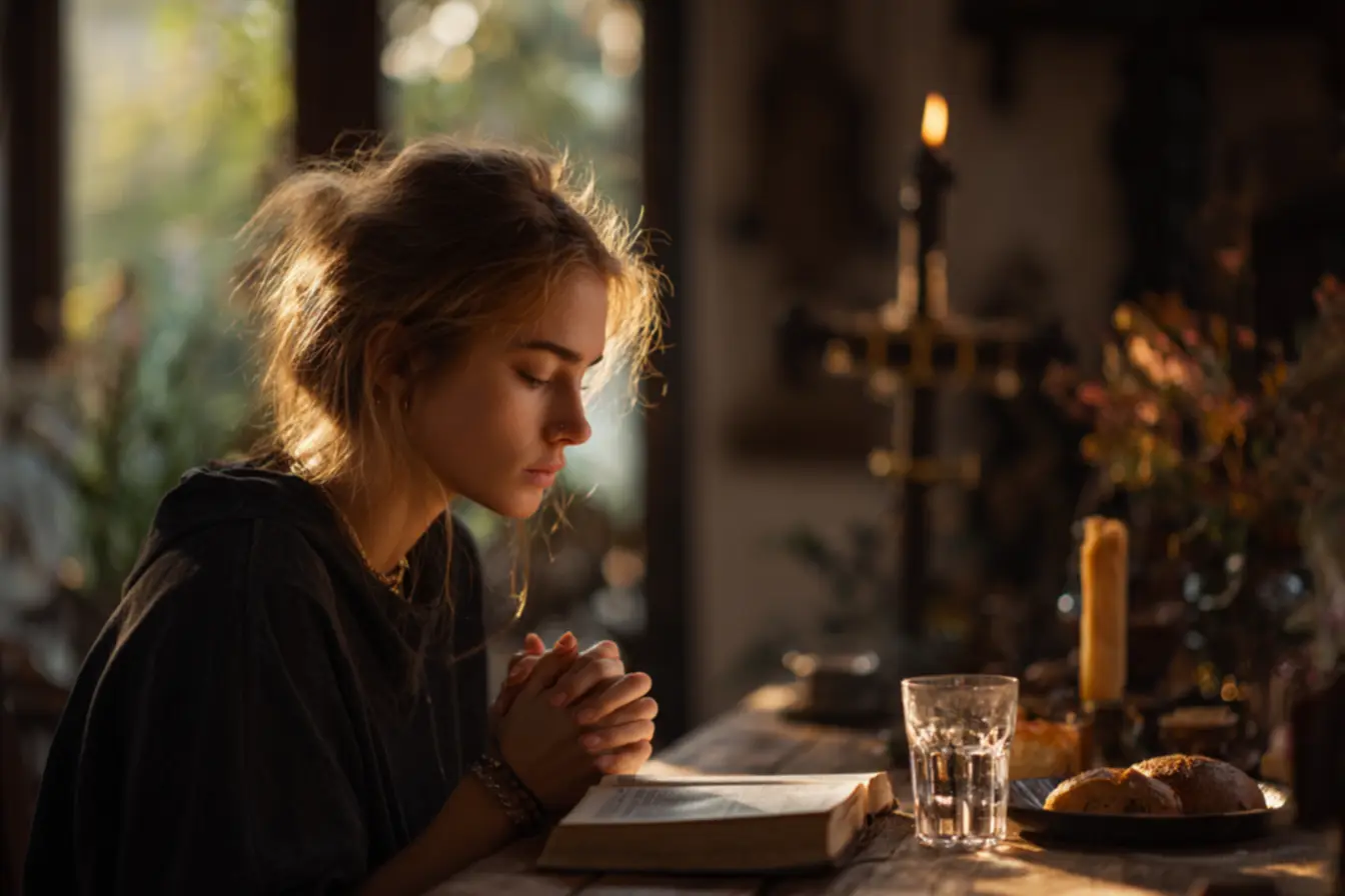 Rosário e Bíblia usados em oração para iniciar o jejum católico na tradição da Igreja