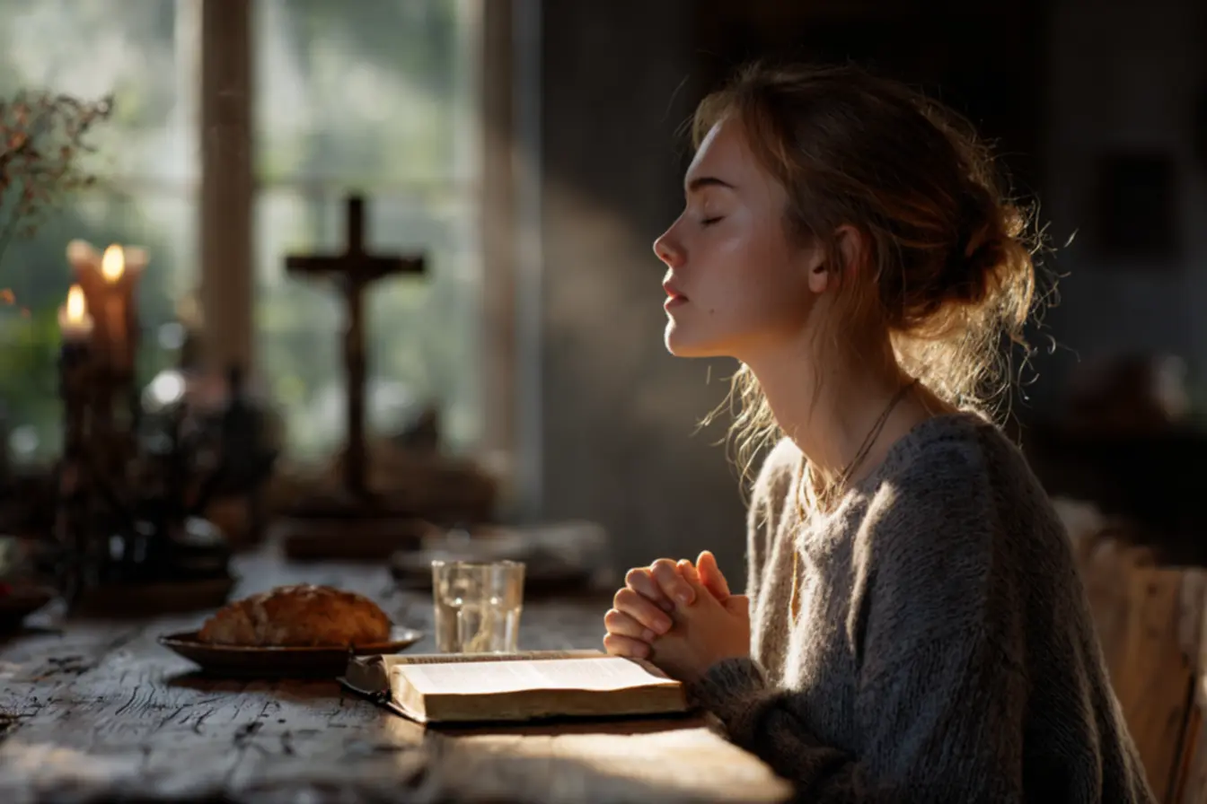 Mulher em oração para iniciar o jejum católico diante de uma Bíblia aberta
