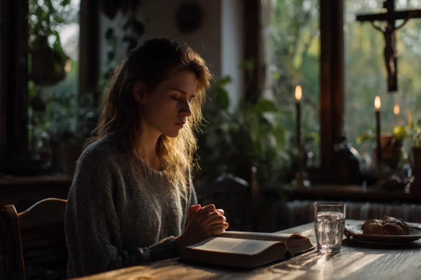 Pessoa refletindo sobre tipos de oração para iniciar o jejum católico e renúncias do dia a dia