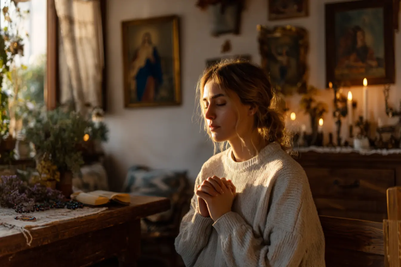 Ambiente de oração com quadros católicos na parede