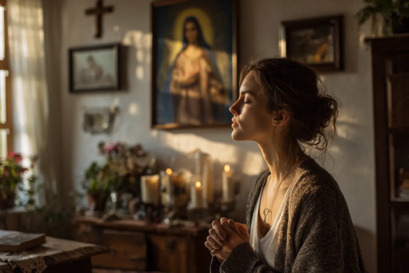 Quadros católicos do Sagrado Coração de Jesus em destaque na sala