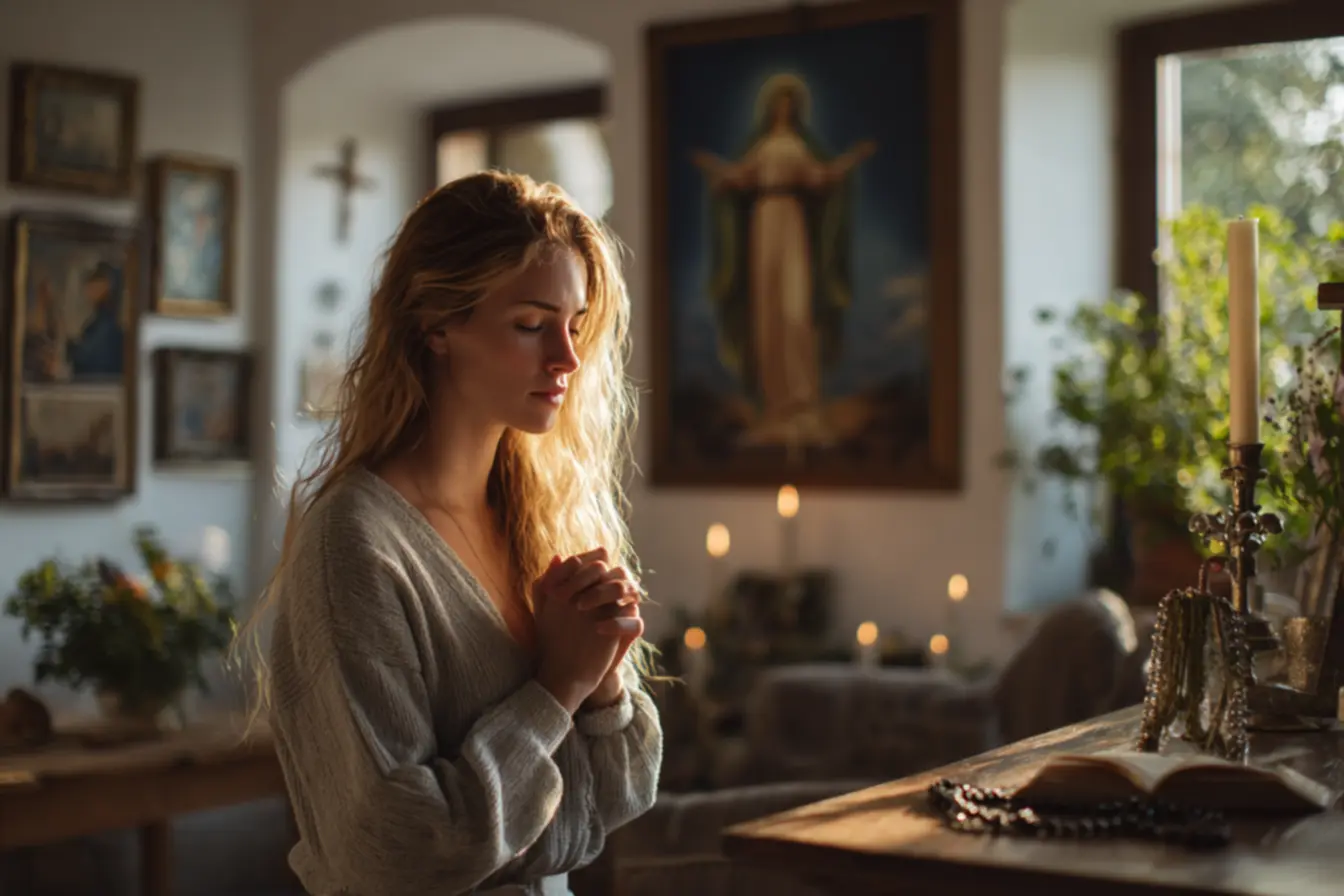 Parede decorada com quadros católicos em ambiente familiar