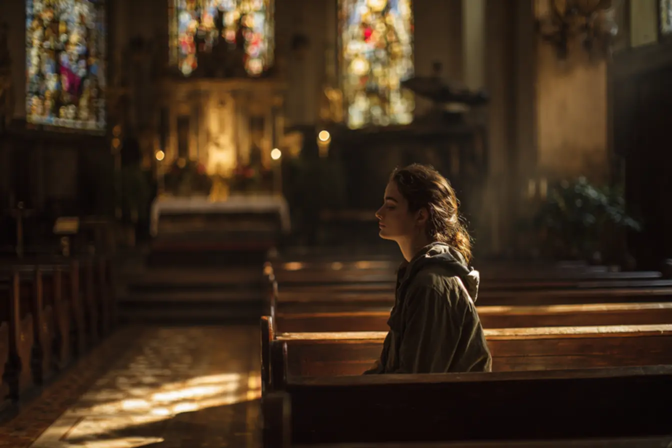 Interior iluminado de templo em sonho com igreja católica simbolizando a busca por Deus