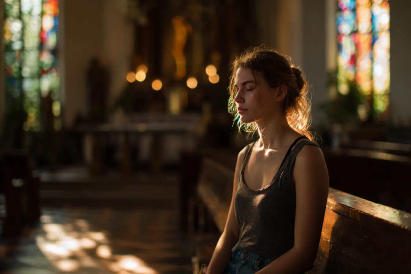 Mulher refletindo sobre um sonho com igreja católica durante a oração