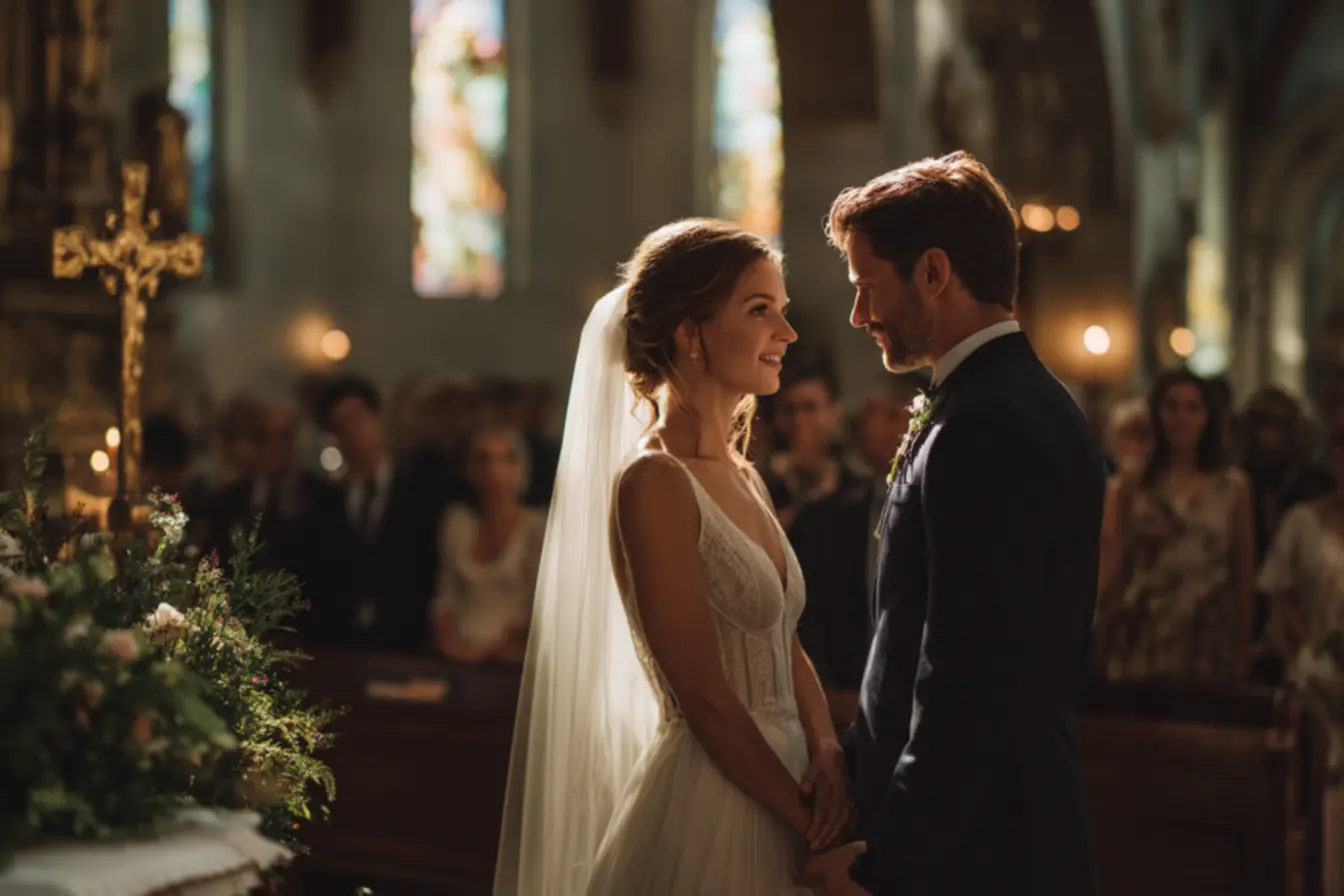 Casal rezando e se preparando para os votos de casamento católico