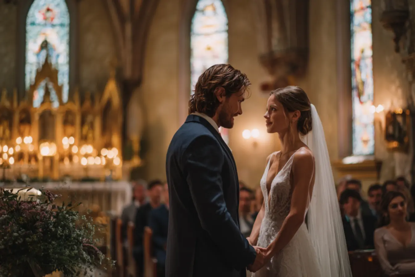 Casal no altar vivendo os votos de casamento católico durante a cerimônia
