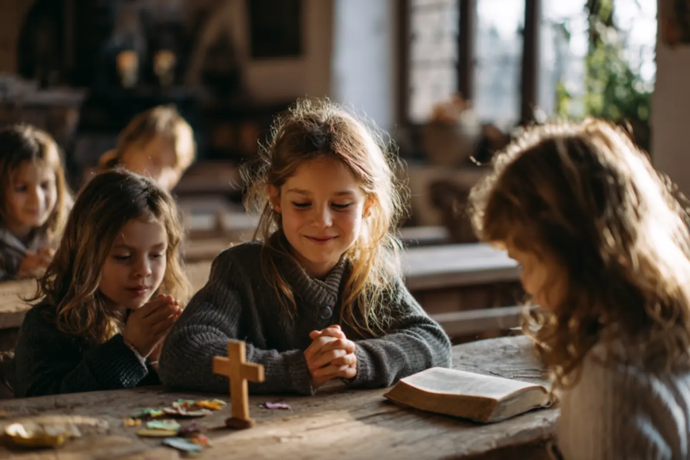 Crianças participando de atividades para catequese na semana santa na igreja