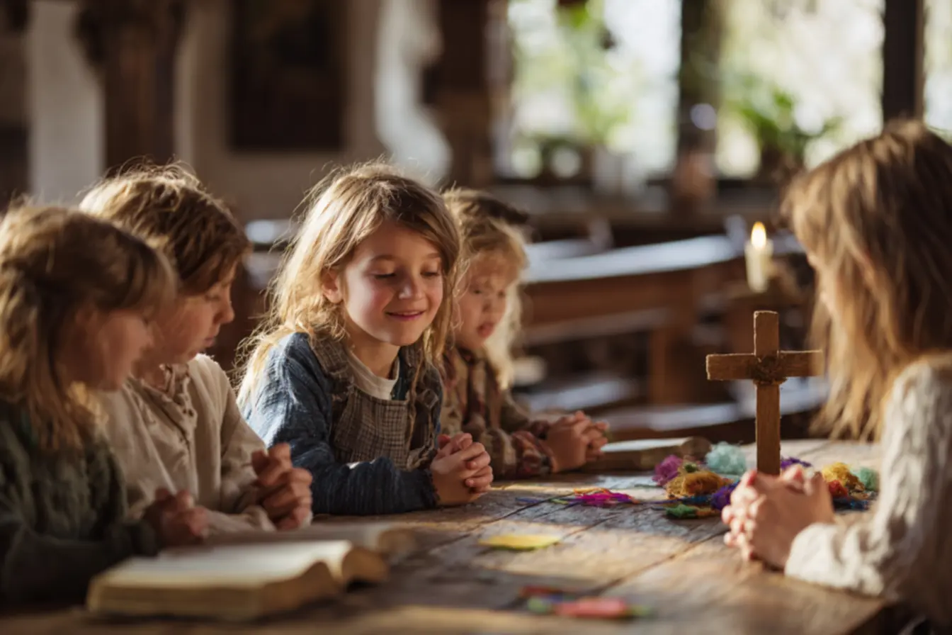 Jovens em oração durante atividades para catequese na semana santa diante do Santíssimo