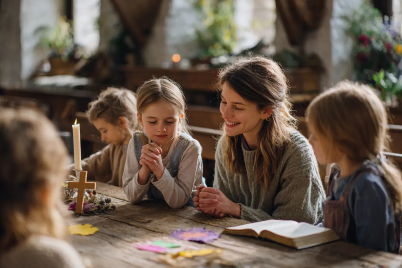 Catequista conduzindo atividades para catequese na semana santa com jovens na paróquia
