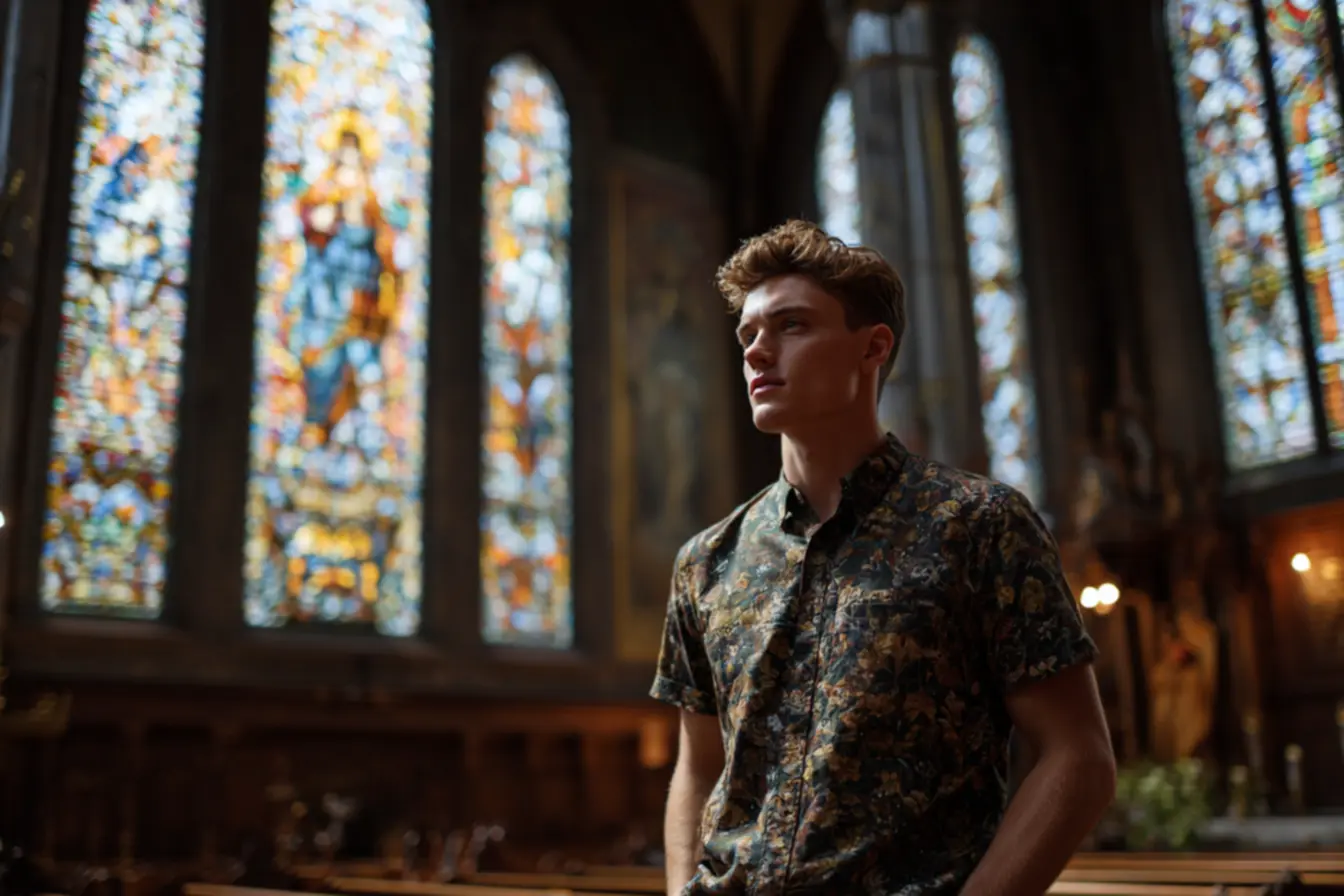 Camisa católica masculina com mensagem reflexiva