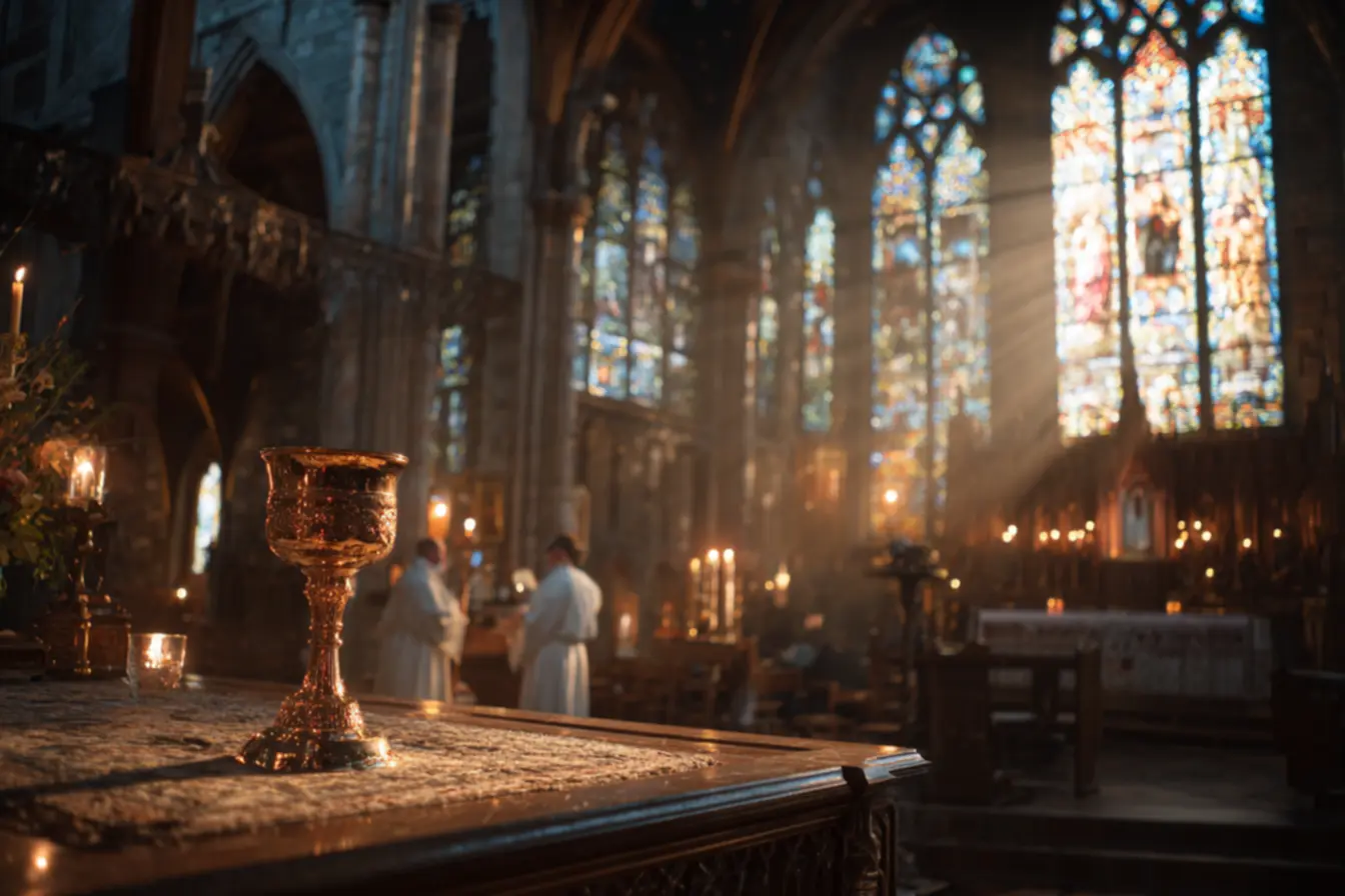 O sacerdote levantando o cálice durante a consagração