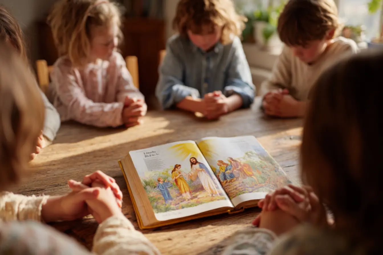 Momento de oração em família utilizando a Bíblia Infantil